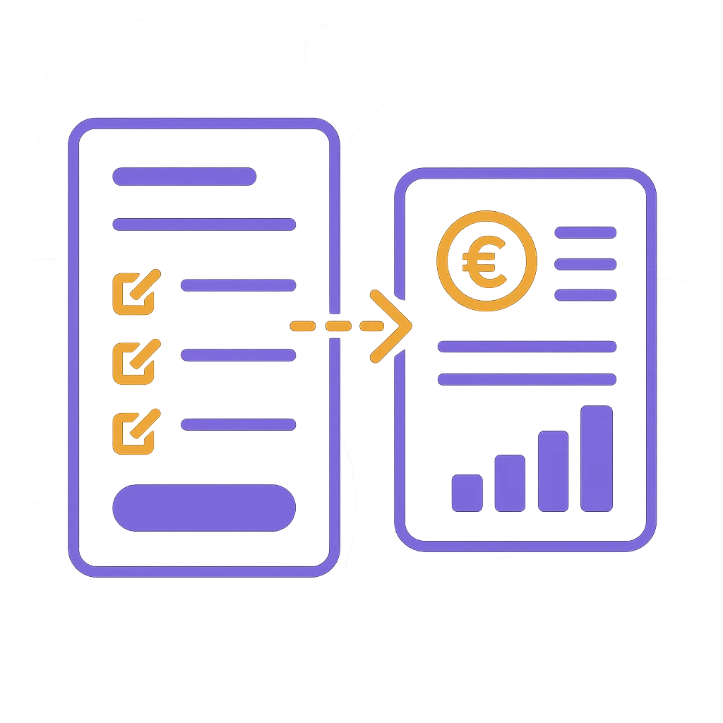 Illustration: Ein abstraktes Formular mit verschiedenen Fragen links führt mit einem Pfeil zu einem Angebot mit diversen Kalkulationen rechts.