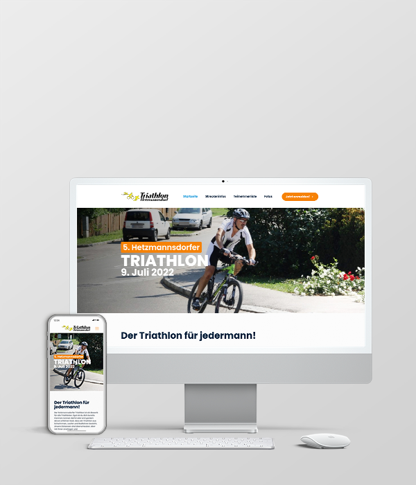 Mockup des Projektes 'Triathlon Hetzmannsdorf' auf weißem Mac und iPhone