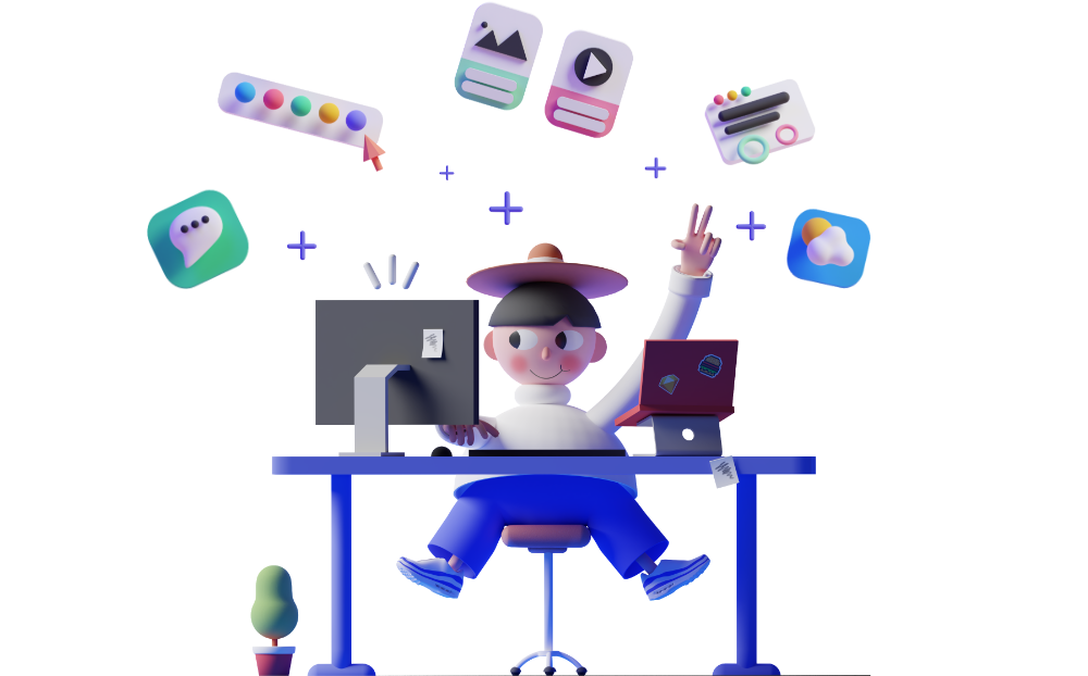 Illustration: Mann sitzt auf Schreibtisch, Elemente sollen Leistungen darstellen.