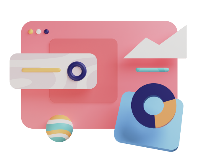 3D Illustration einer Webanwendung mit Lupe davor