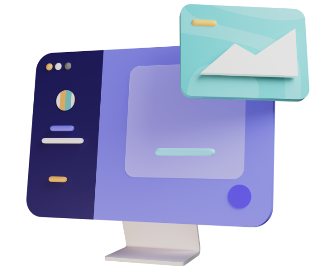 3D Illustration eines Monitors mit Interface und Bildern