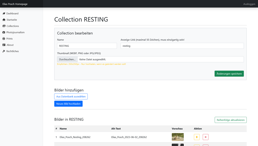 Screenshot der Webseite EP Photography - Adminbereich Collection bearbeiten