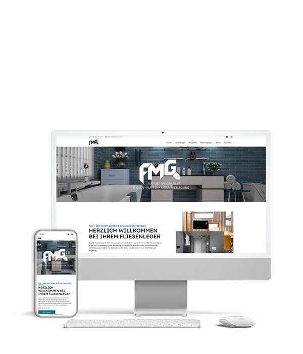 Screenshot der Webseite fmg-fliesen.at auf iMac und iPhone