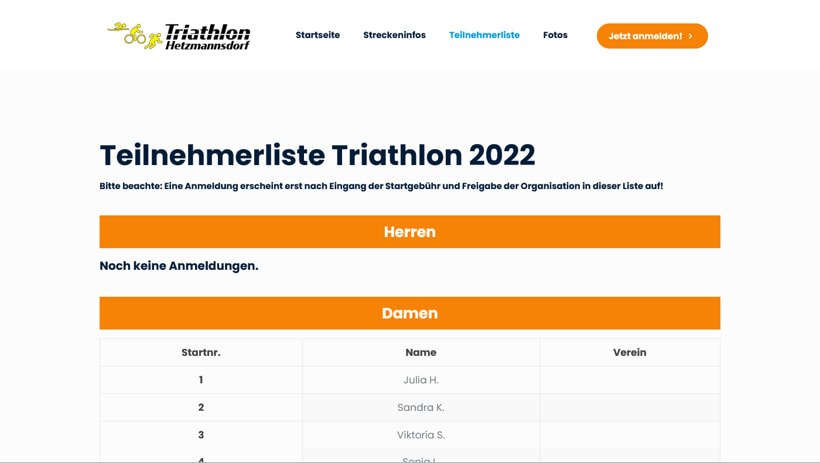 Triathlon Hetzmannsdorf Screenshot Die Teilnehmerliste